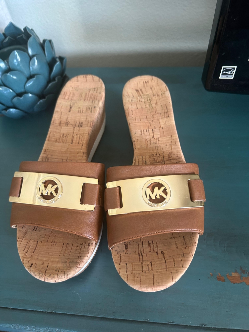 Michael Kors Tan Cork Slide Sandals with Gold Logo